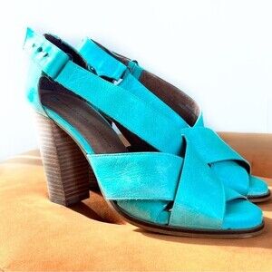 Schuler & Sons Turquoise Open Toe Leather Wood Block Heels Size 38 ANTHROPOLOGIE